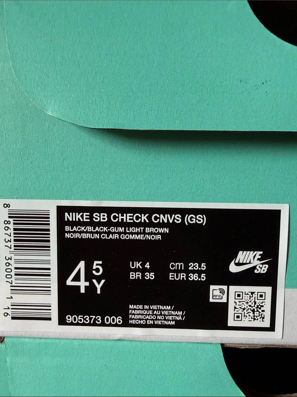 Nike SB Check Canvas GS Black Gum Brown 905373-006 Size 4.5Y